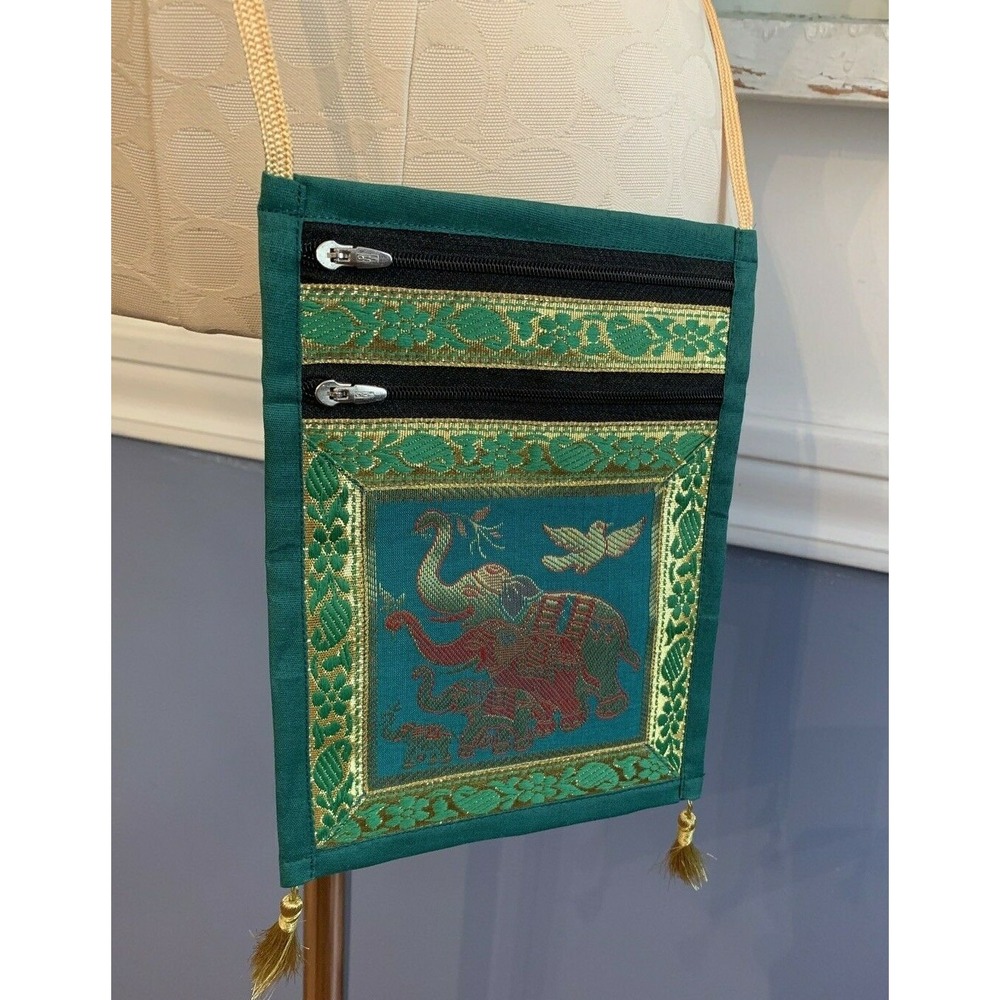 Small Green and Gold Indian Style Crossbody Handbag Elephants Festival Bag